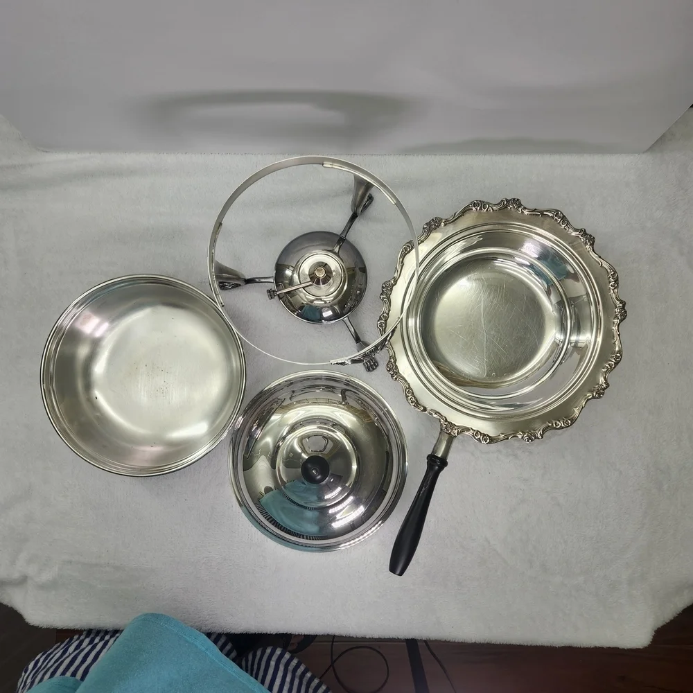 Vtg Elegant Silver Chafing Dish with Black Handle Used To Keep The Food Warm.